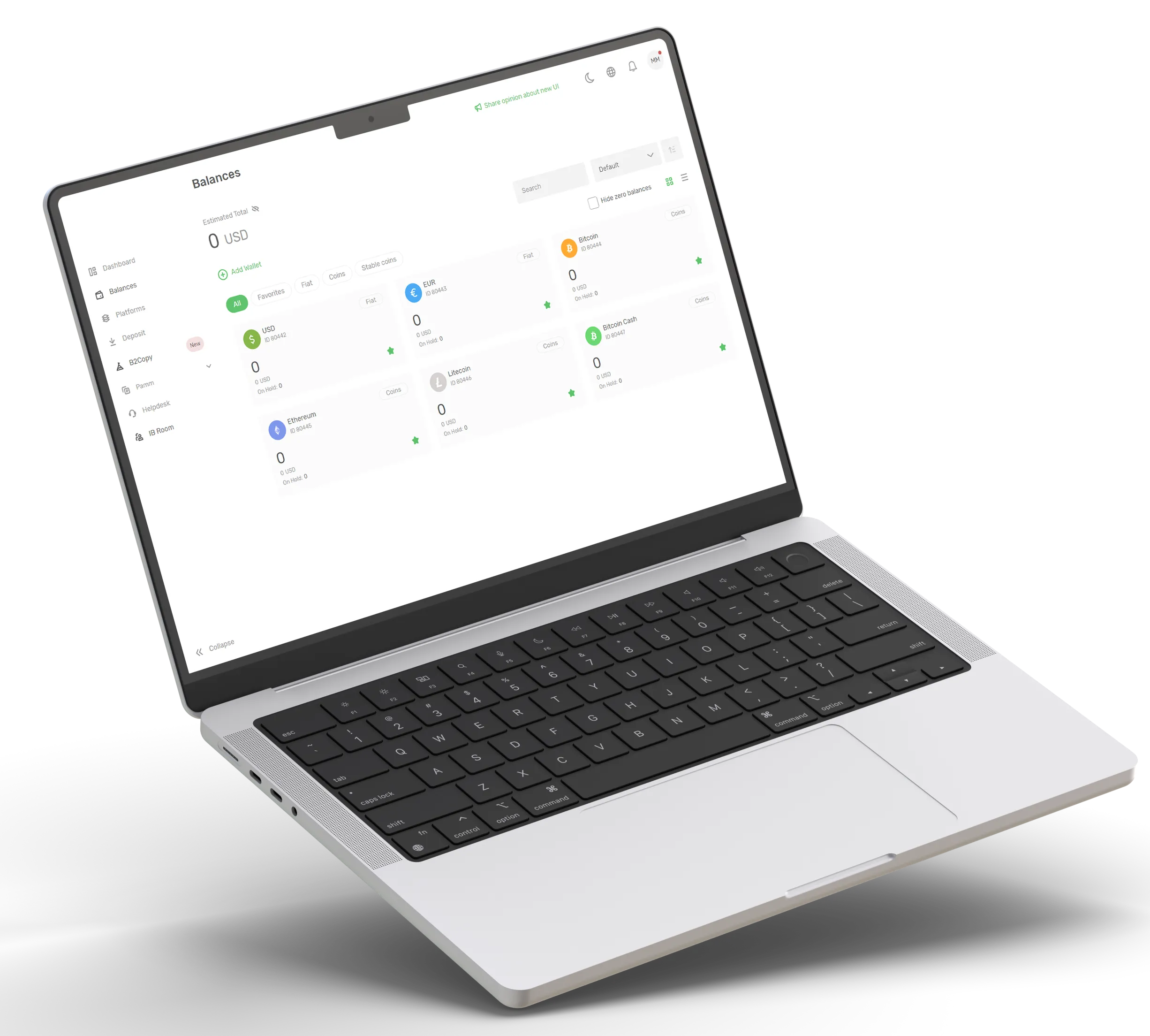 Laptop displaying a forex trading web application interface with balances in various fiat currencies and cryptocurrencies.