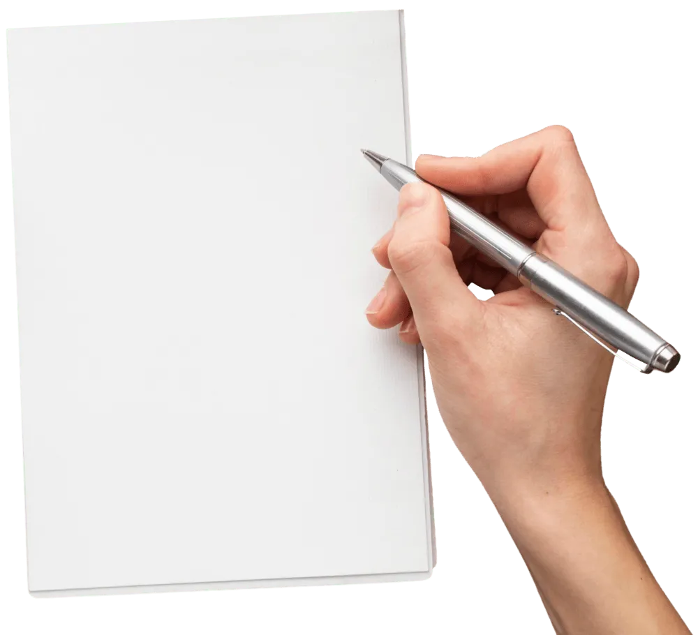 Hand holding a silver pen over a blank sheet of white paper, ready to write.