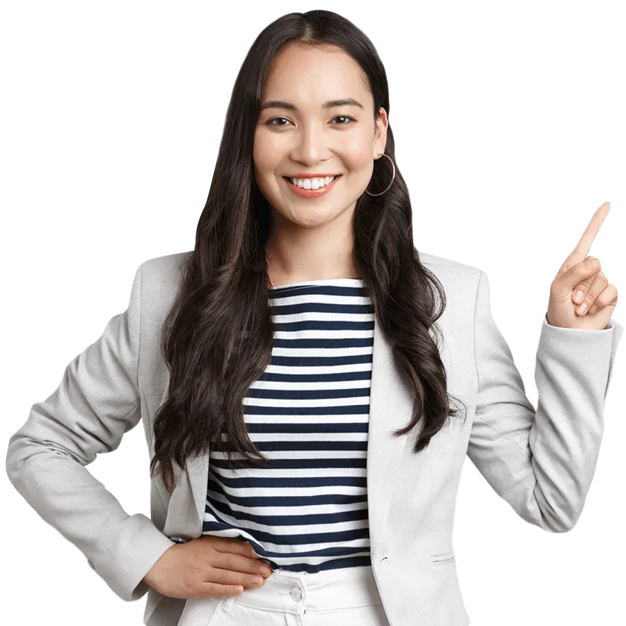 Confident businesswoman in striped shirt and light blazer smiling and pointing upward, presenting key features of forex broker.
