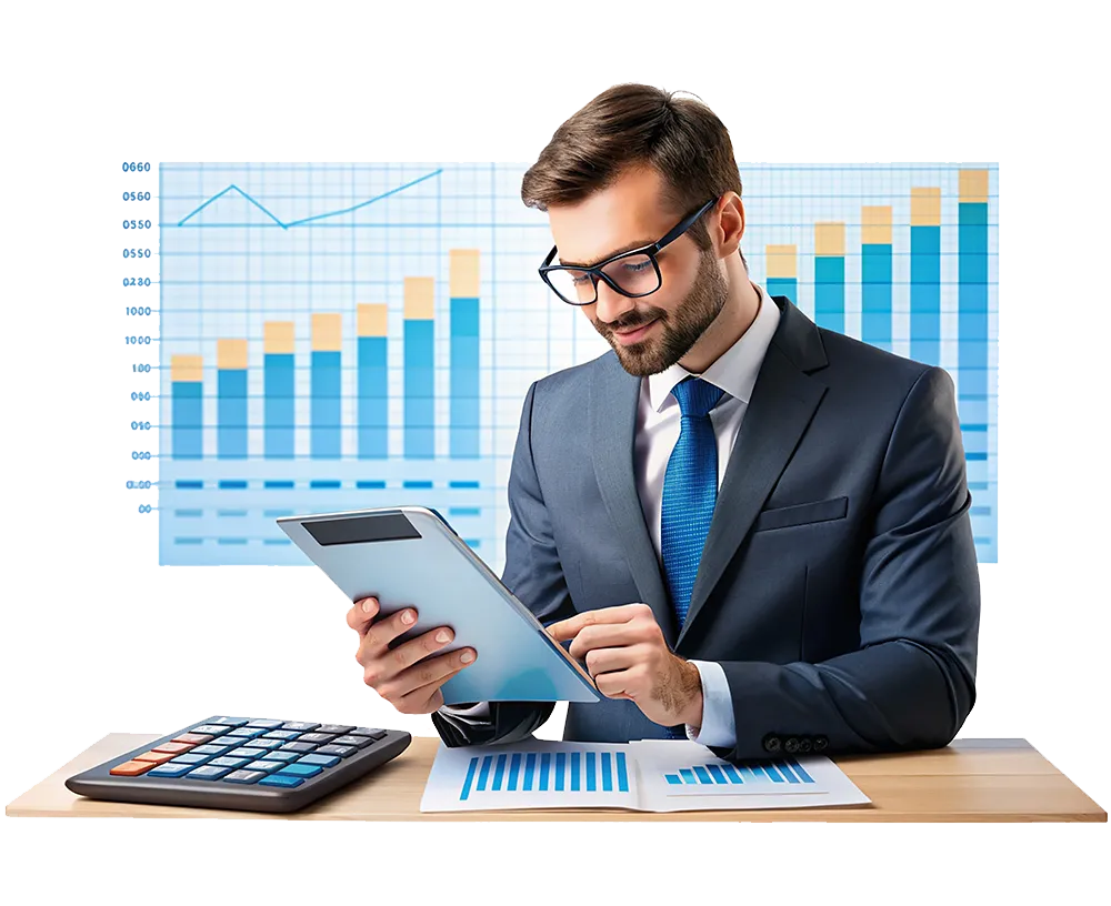  Professional forex trader in a suit analyzing financial data on a tablet, with charts and a calculator on the desk