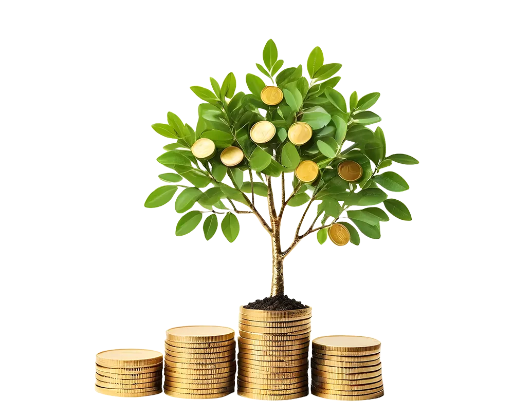 Money tree with gold coins as fruits and stacked coins as soil base.