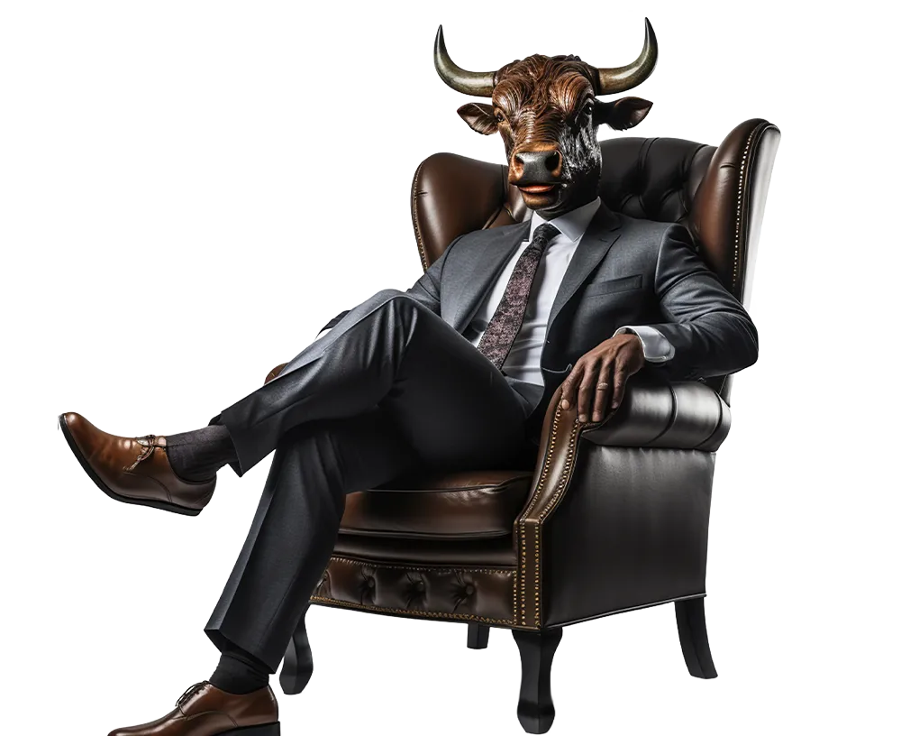 Bull-headed man in a suit sitting confidently in a leather armchair.