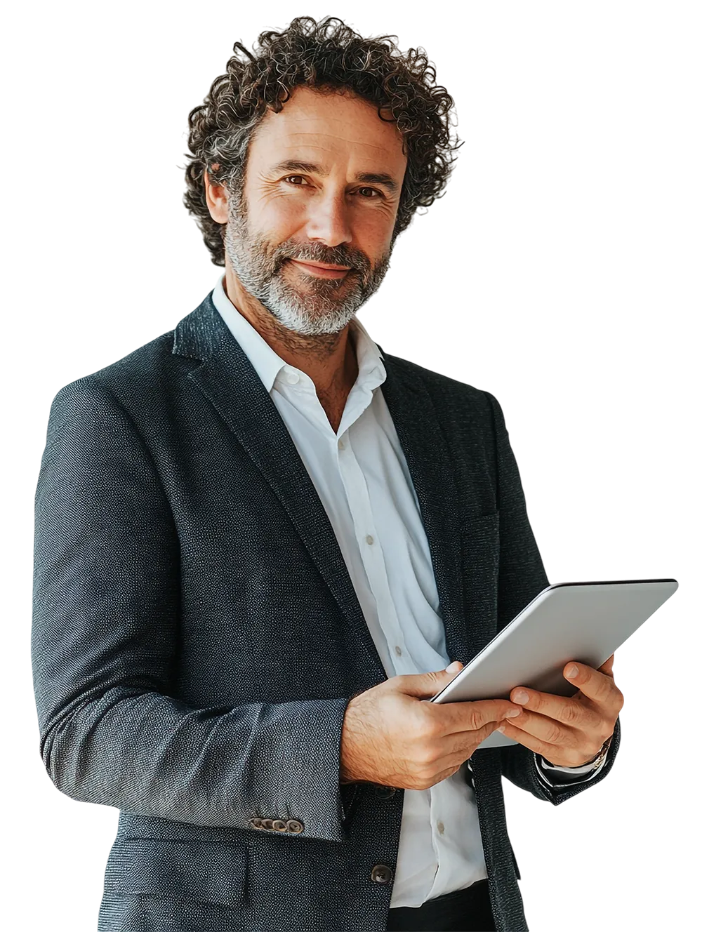 Confident businessman in blazer holding a tablet and smiling, representing professional forex trading expert