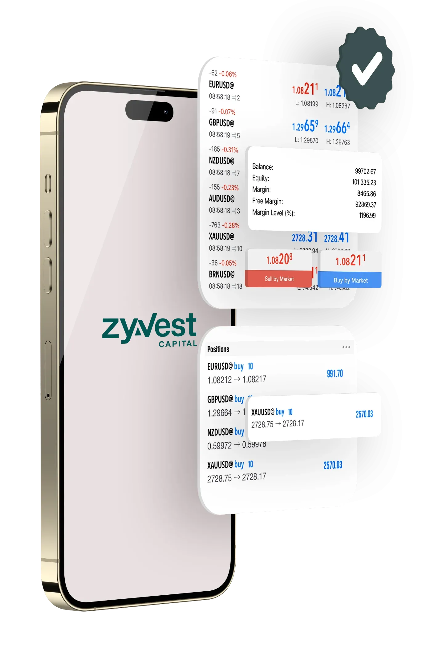 Smartphone with ZyVest Capital logo and floating forex trading interface showing currency pairs, trade positions, and account balance.