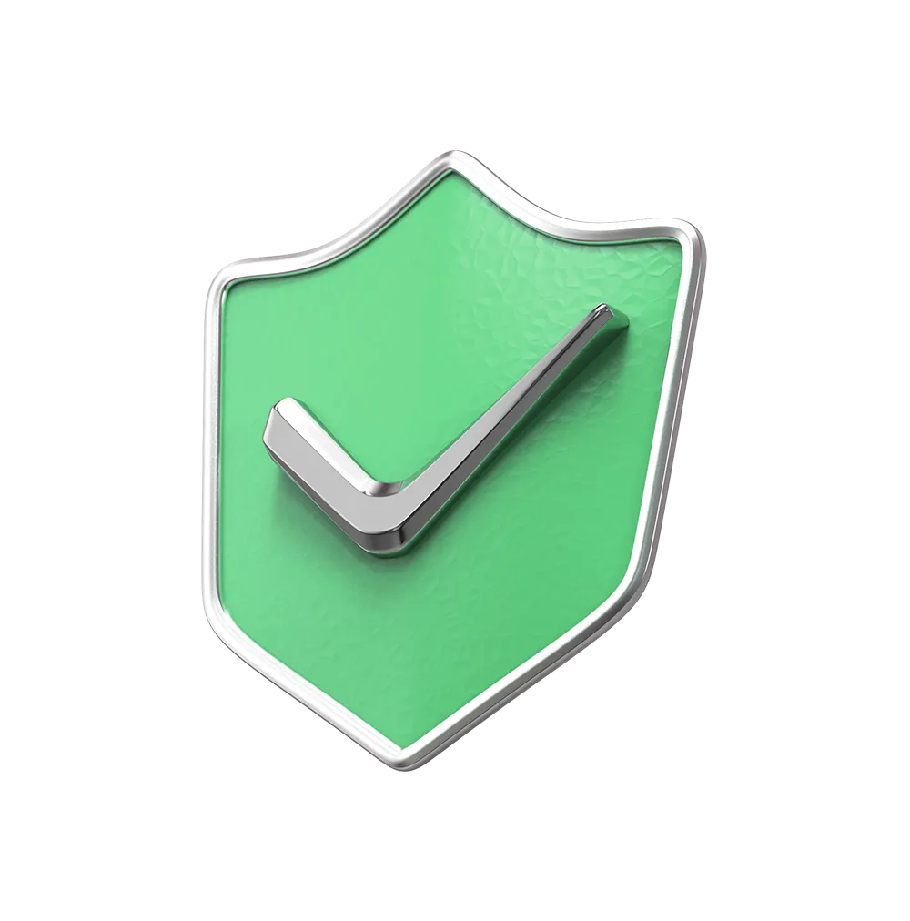 3D illustration of a green shield with a silver checkmark in the center, symbolizing security, verification, or approval.
