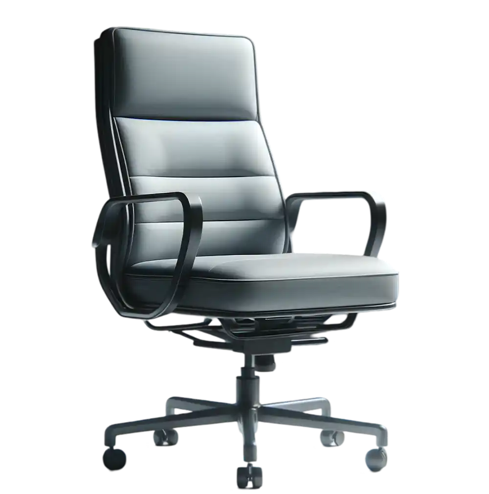 Modern black leather office chair with armrests and a wheeled base, designed for ergonomic comfort.