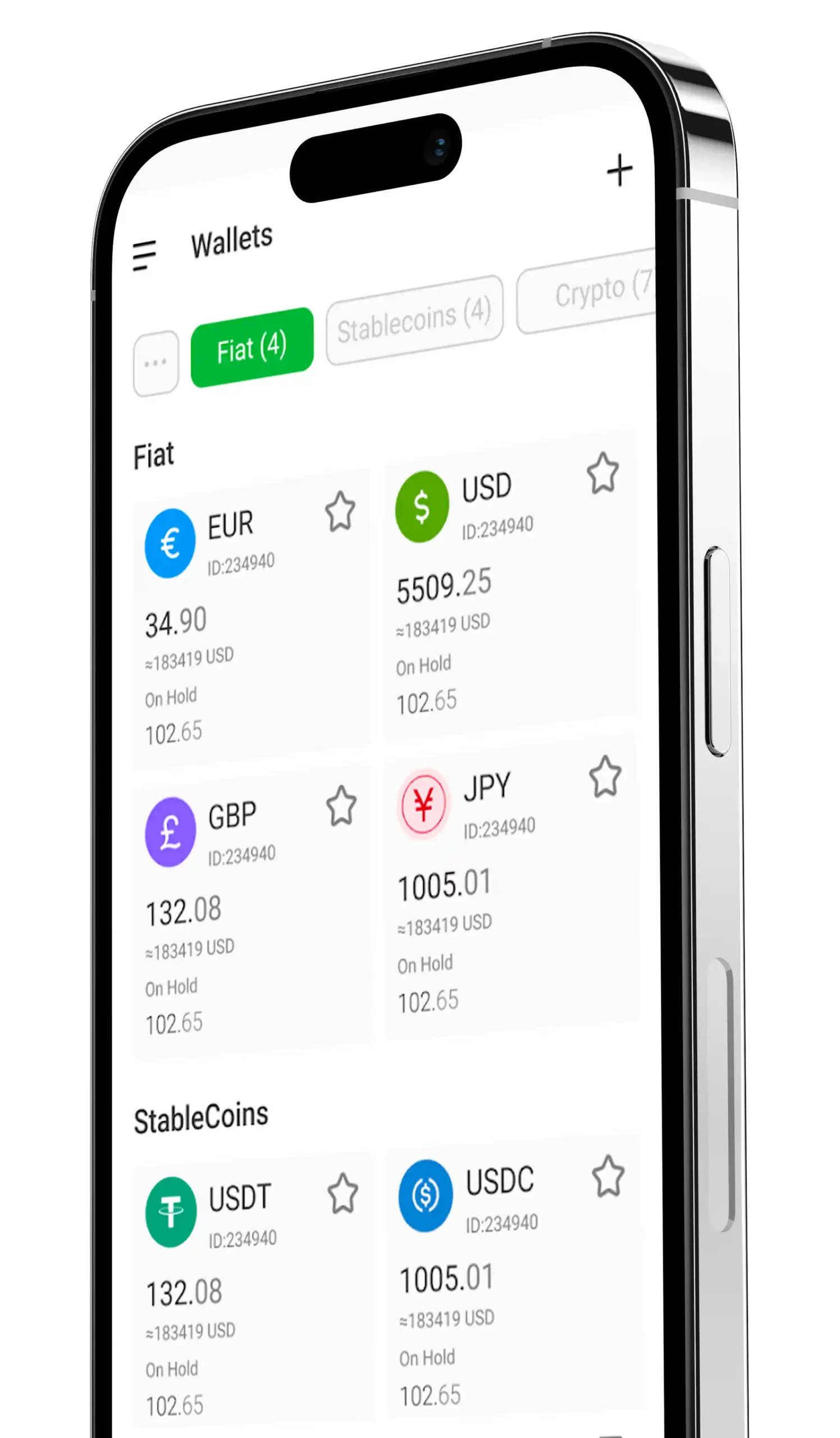 Smartphone screen displaying a digital wallet app with fiat currencies and stablecoins, commonly used in forex trading.