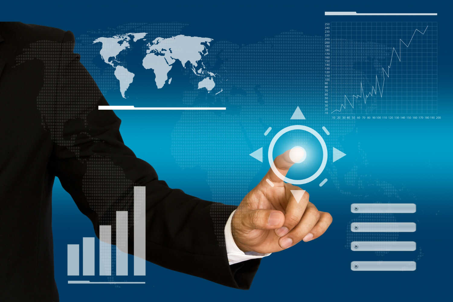 Businessman in a suit interacting with a digital interface, touching a glowing circular button, with financial charts, graphs, and a world map in the background representing global business and data analysis.