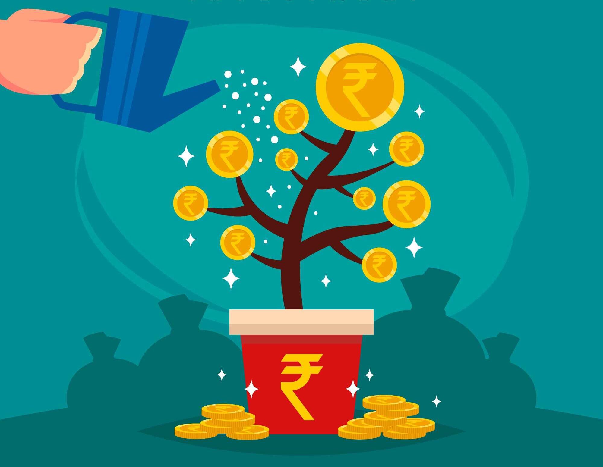 Illustration of a money plant in a red pot with Indian Rupee coins growing on its branches, being watered by a blue watering can, symbolizing investment and financial growth.