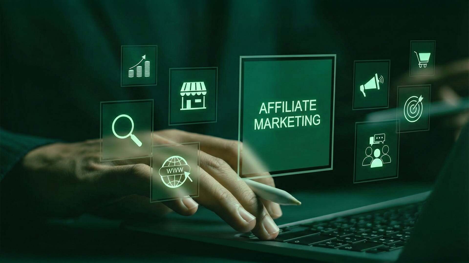 Businessman in a suit interacting with a digital interface, touching a glowing circular button, with financial charts, graphs, and a world map in the background representing global business and data analysis.