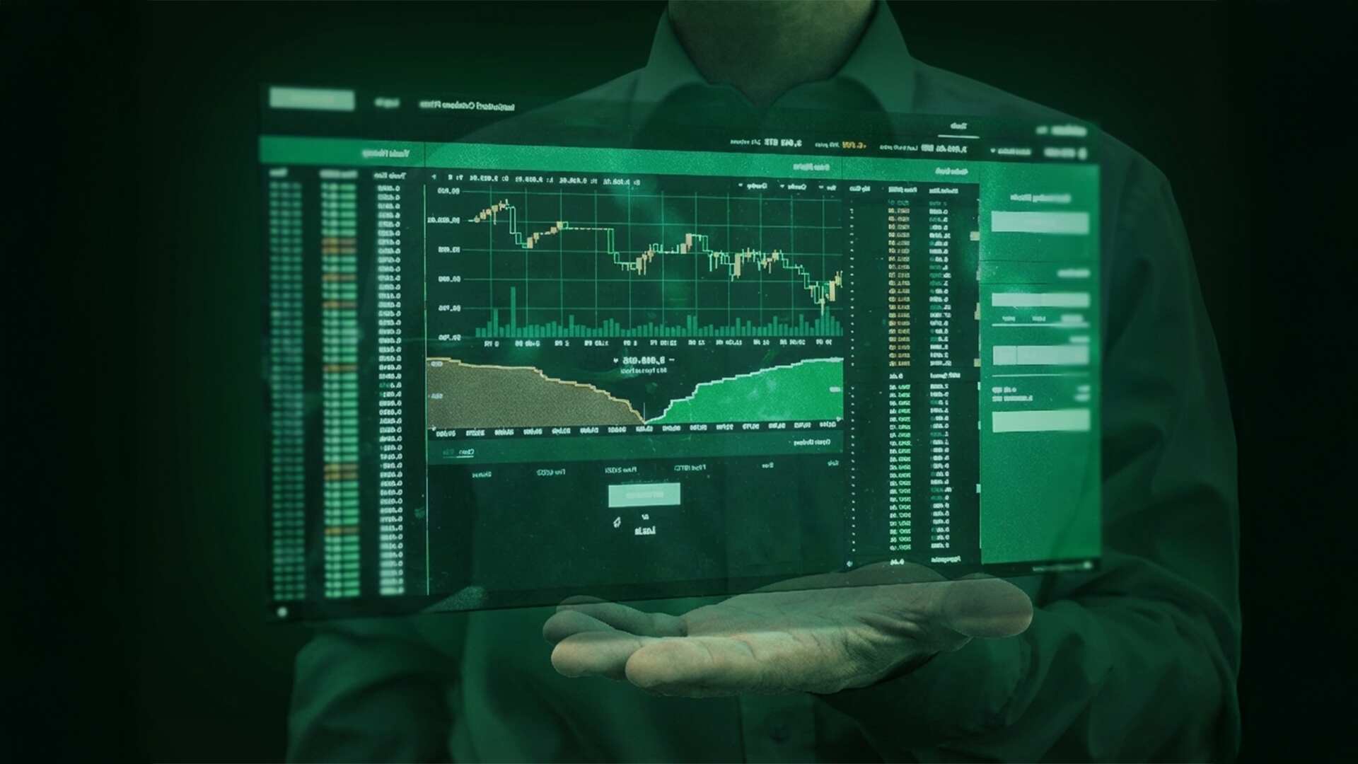 Businessman in a suit interacting with a digital interface, touching a glowing circular button, with financial charts, graphs, and a world map in the background representing global business and data analysis.