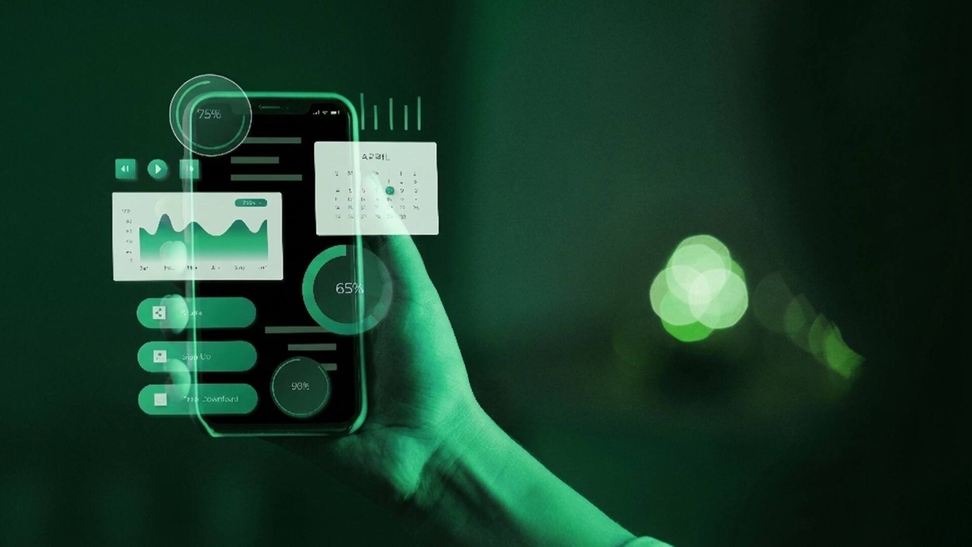 Businessman in a suit interacting with a digital interface, touching a glowing circular button, with financial charts, graphs, and a world map in the background representing global business and data analysis.