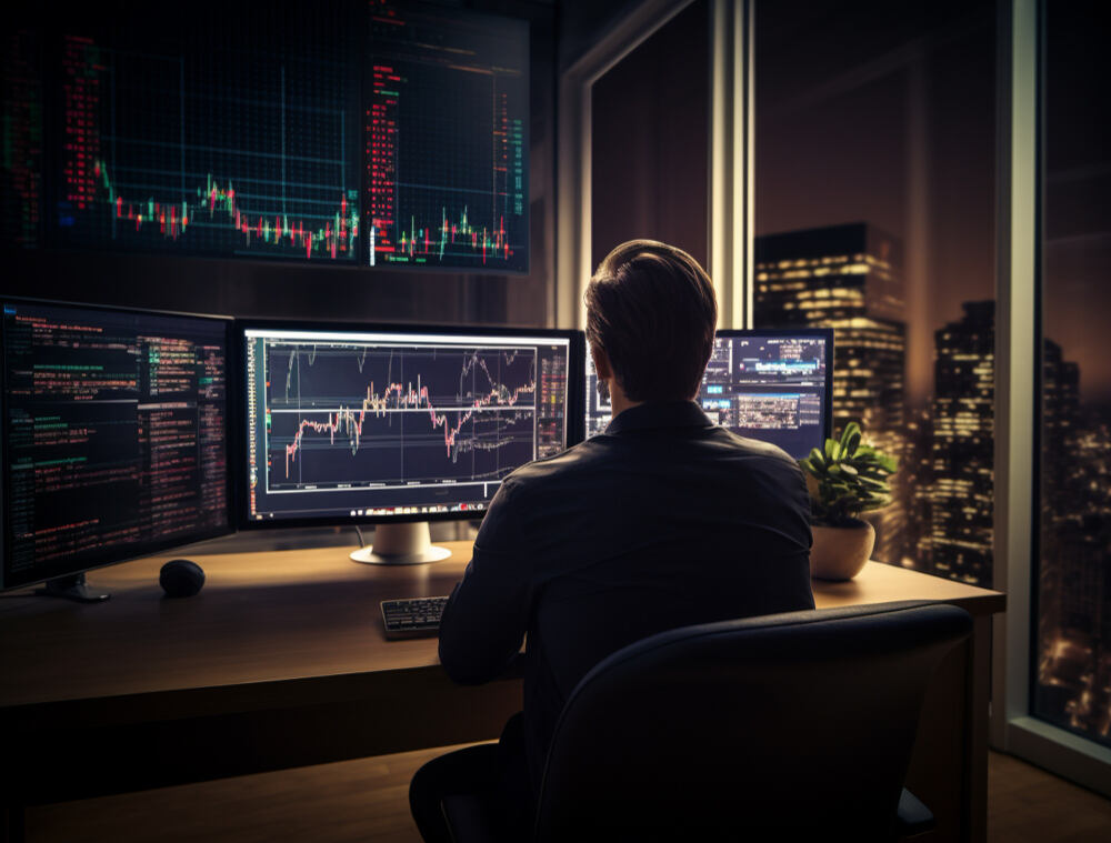A forex trader analyzing multiple charts and graphs on computer monitors in a modern office at night, highlighting the benefits of forex trading such as global market access, real-time analysis, and profit opportunities.