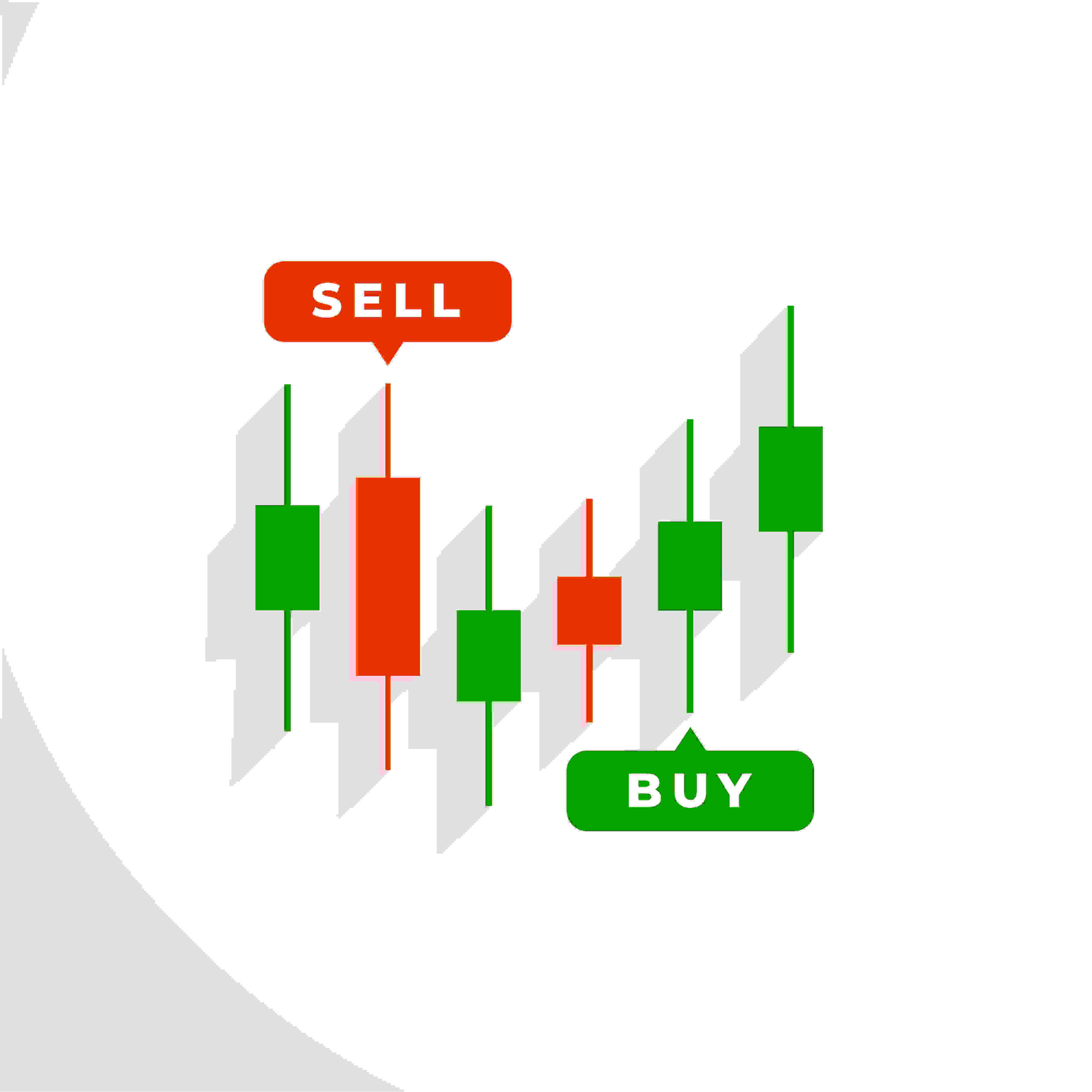 Illustration of candlestick chart showing a red candle marked as ‘Sell’ and green candles with a label ‘Buy,’ representing forex trading signals in forex markets.