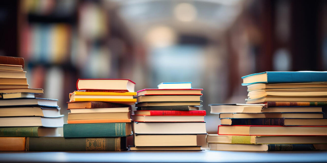 Stack of books on forex trading for beginners arranged on a table in a library setting, representing learning resources for new forex traders.