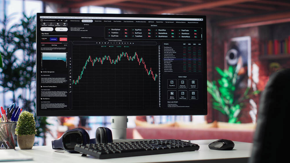 What is technical analysis in forex trading shown on a desktop screen displaying candlestick charts, price movements, and trading indicators used by forex traders for market analysis.