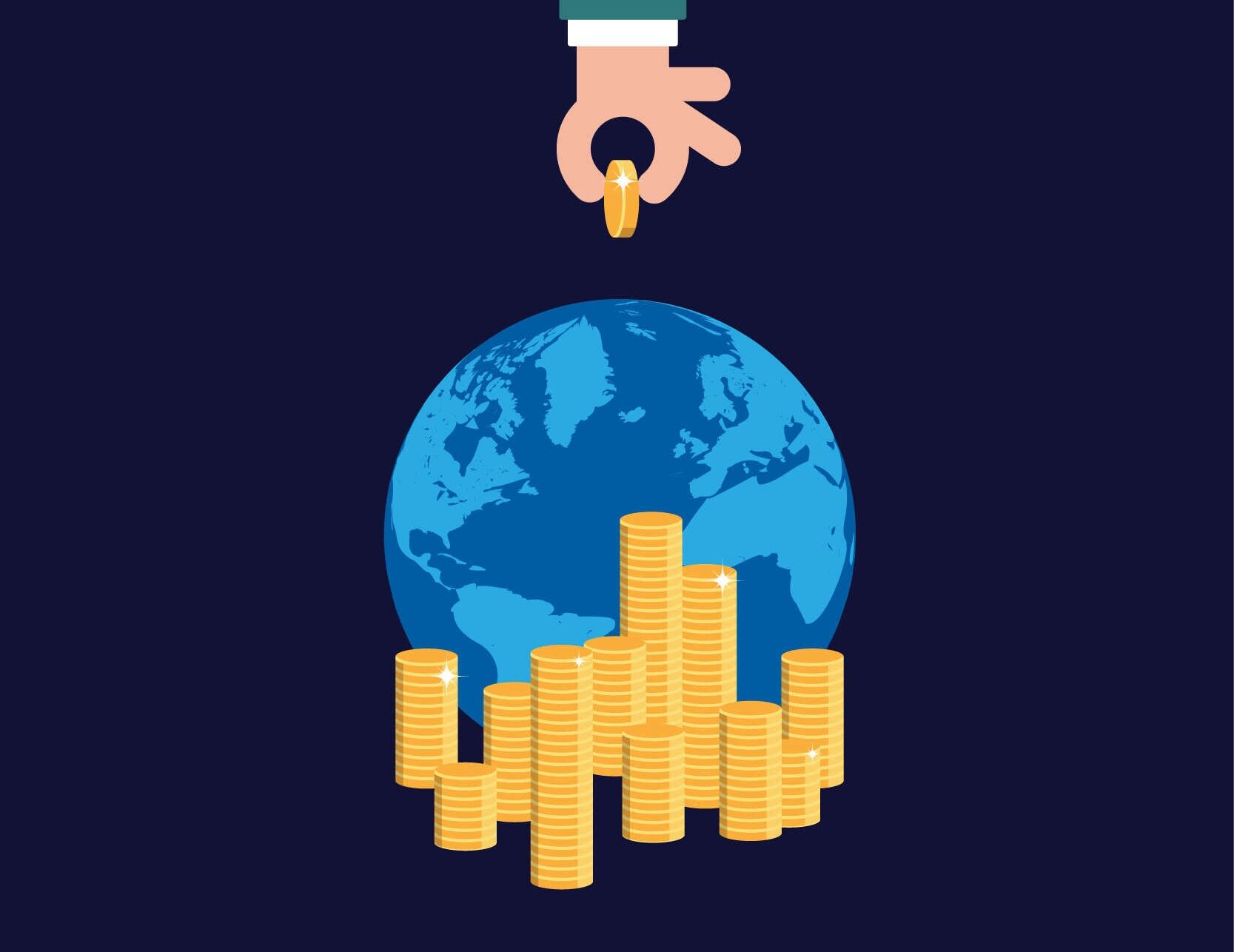 Illustration representing How to Diversify Investments Internationally, showing a hand placing a gold coin above a globe with stacks of coins symbolizing global portfolio diversification and international investing.