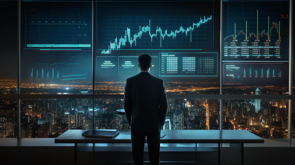 A trader analyzing multiple charts and market data on large screens overlooking a city at night, representing the question: Can Forex Trading Make You a Millionaire