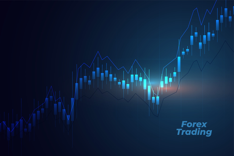 Illustration of a forex trading concept with blue and turquoise candlestick charts, trend lines, and market indicators over a dark background. A glowing circular graphic in shades of blue and purple highlights the chart, with the words “Forex Trading” displayed in the lower right corner.