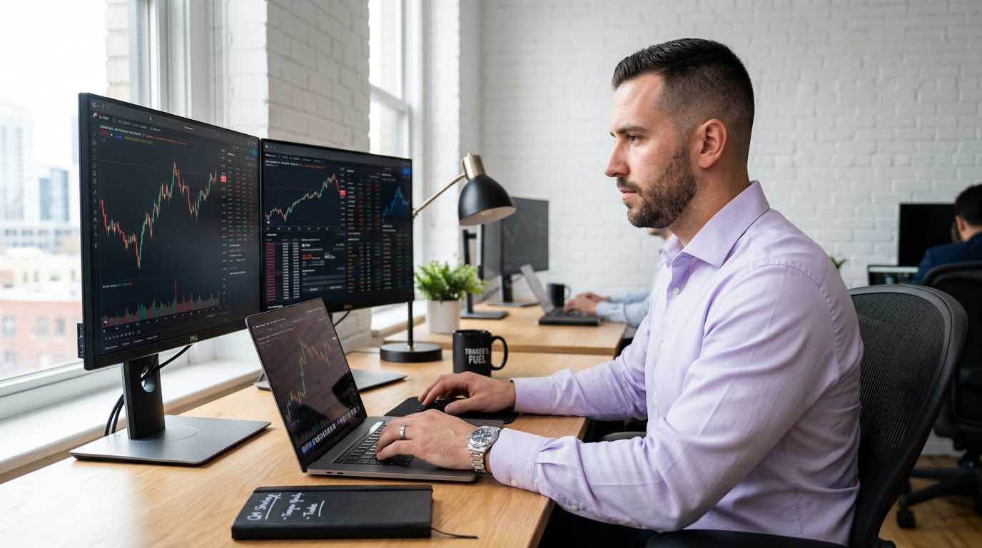 rofessional trader analysing forex charts on multiple screens while working at a desk, demonstrating how to trade forex with a full-time job using a structured routine and higher timeframes.