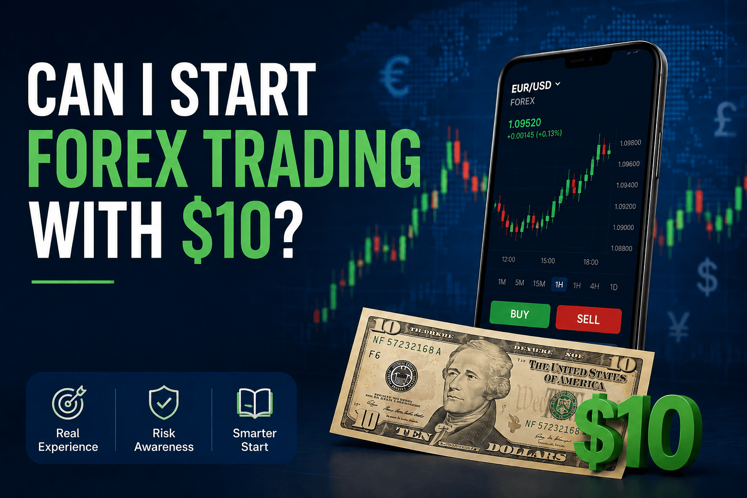 Illustration of a smartphone displaying a EUR/USD forex trading chart with a $10 bill and the headline 'Can I Start Forex Trading with $10?' highlighting beginner forex trading and low-capital trading.